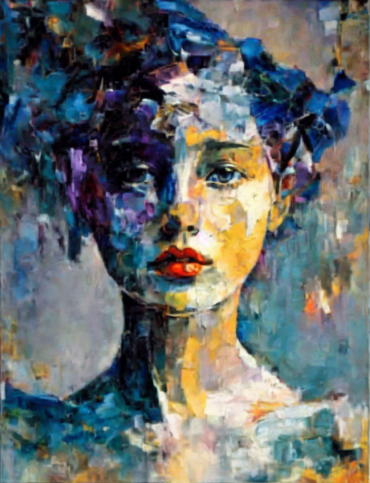 Vibrant Abstract Portrait Painting in Blue and Yellow Tones