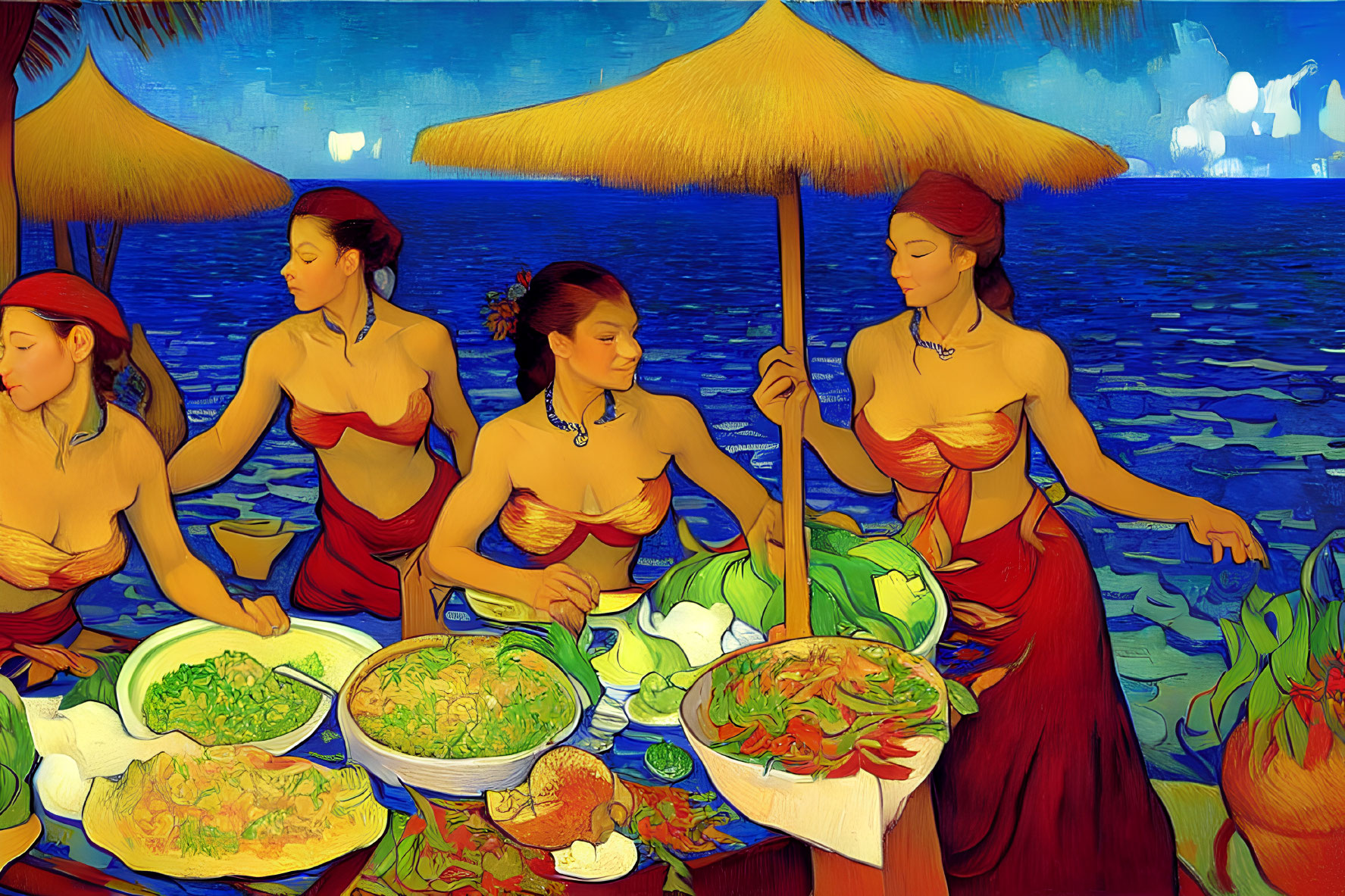 Four women in traditional attire serving food by the sea