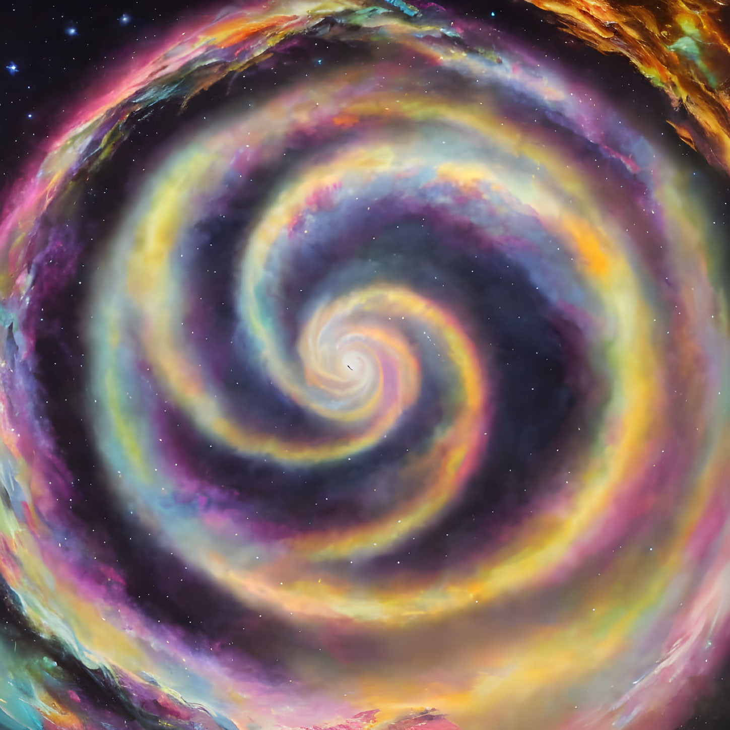 Colorful Galaxy Spiral Illustration in Purple, Blue, Orange, and Yellow