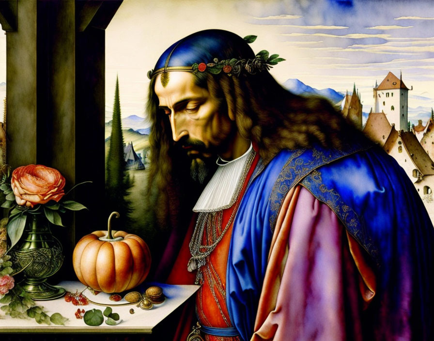 Man with Beard in Crown of Thorns & Blue Robe Painting with Still Life & Landscape