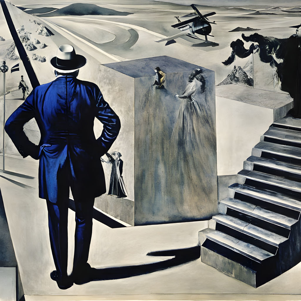 Surreal painting featuring man in blue coat and geometric landscape