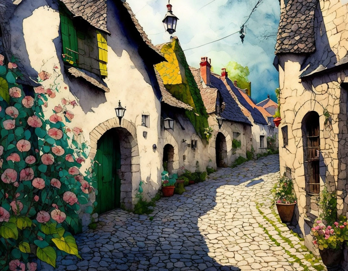 Picturesque cobblestone street with stone houses, vintage lamps, and blooming plants.