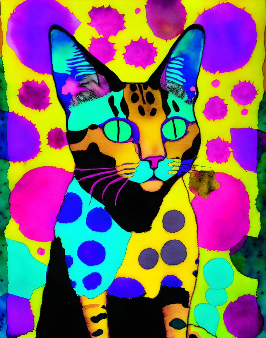 Colorful Abstract Cat Illustration with Neon Background