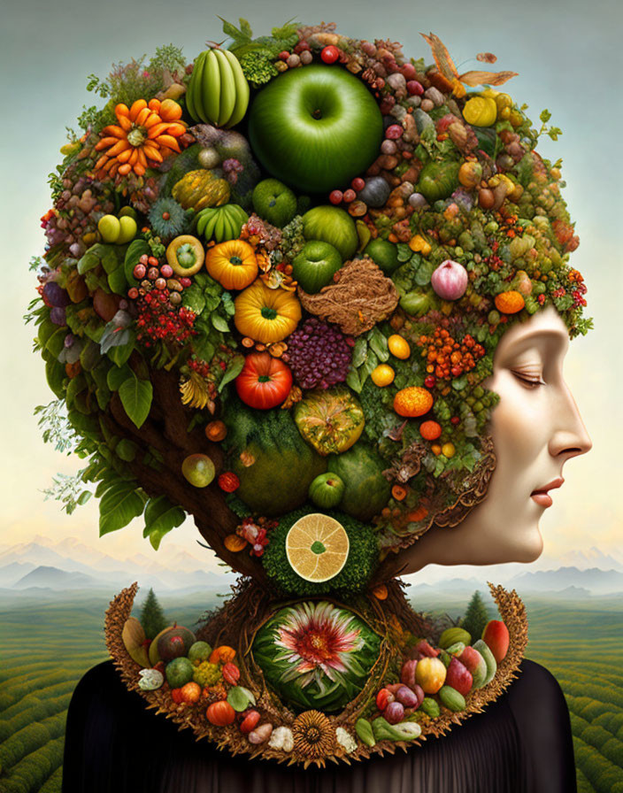 Surreal portrait featuring person with fruit and vegetable hair