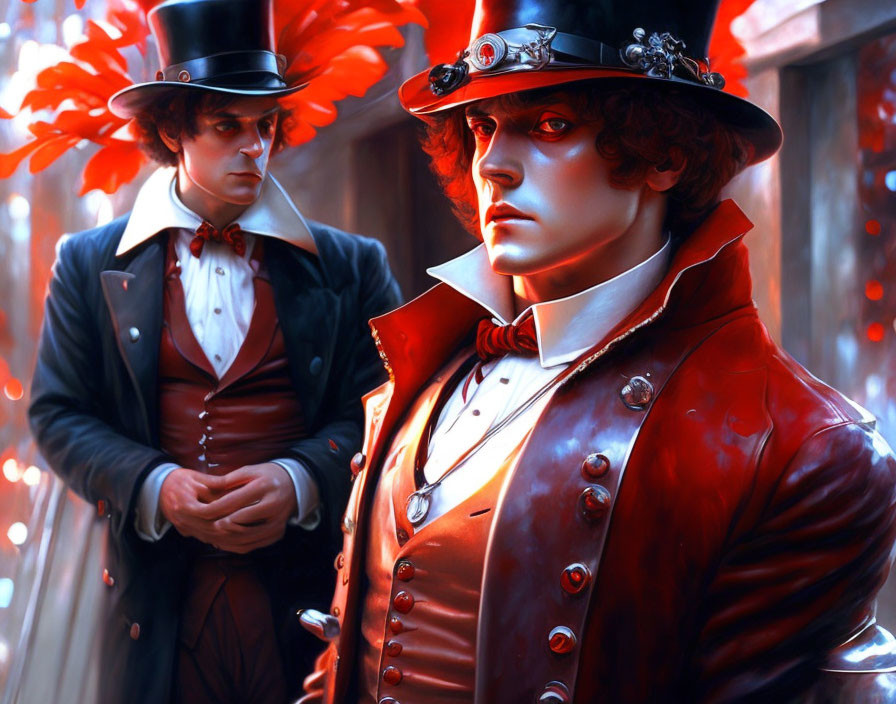 Two men in elaborate steampunk attire with top hats and crimson coat, against red backdrop