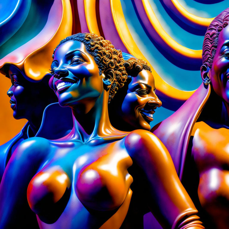 Vibrant artwork featuring four joyful women in seamless transitions on swirling backdrop