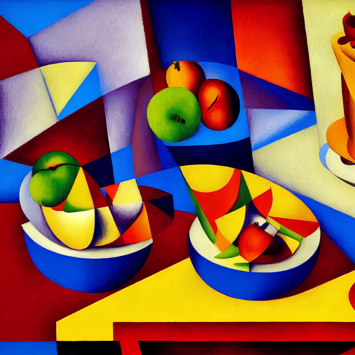 Colorful Cubist Painting with Fruit Arrangements on Plates