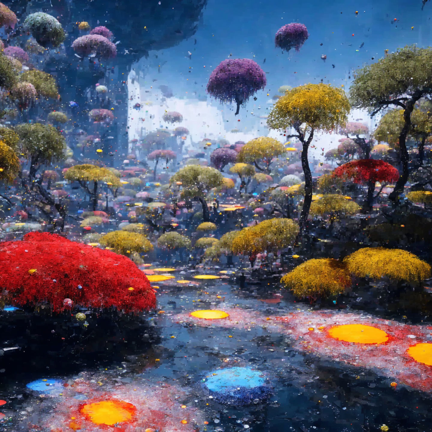 Colorful Umbrella-Like Trees in Serene Water Body under Starry Sky