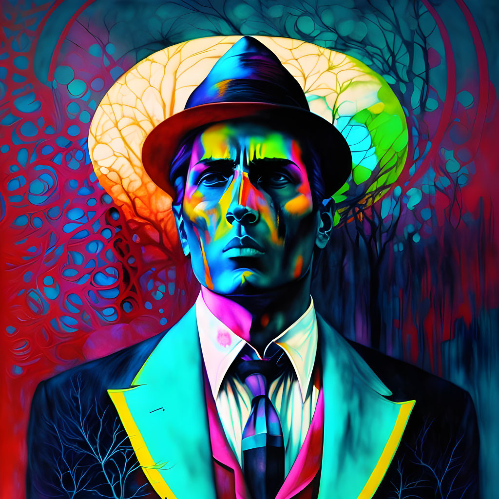 Colorful stylized portrait of a man in a fedora and suit with neon blue skin on abstract