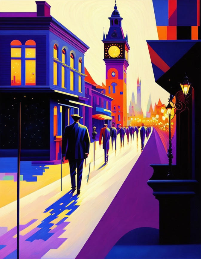 Vibrant urban dusk scene with stylized buildings and clock tower.