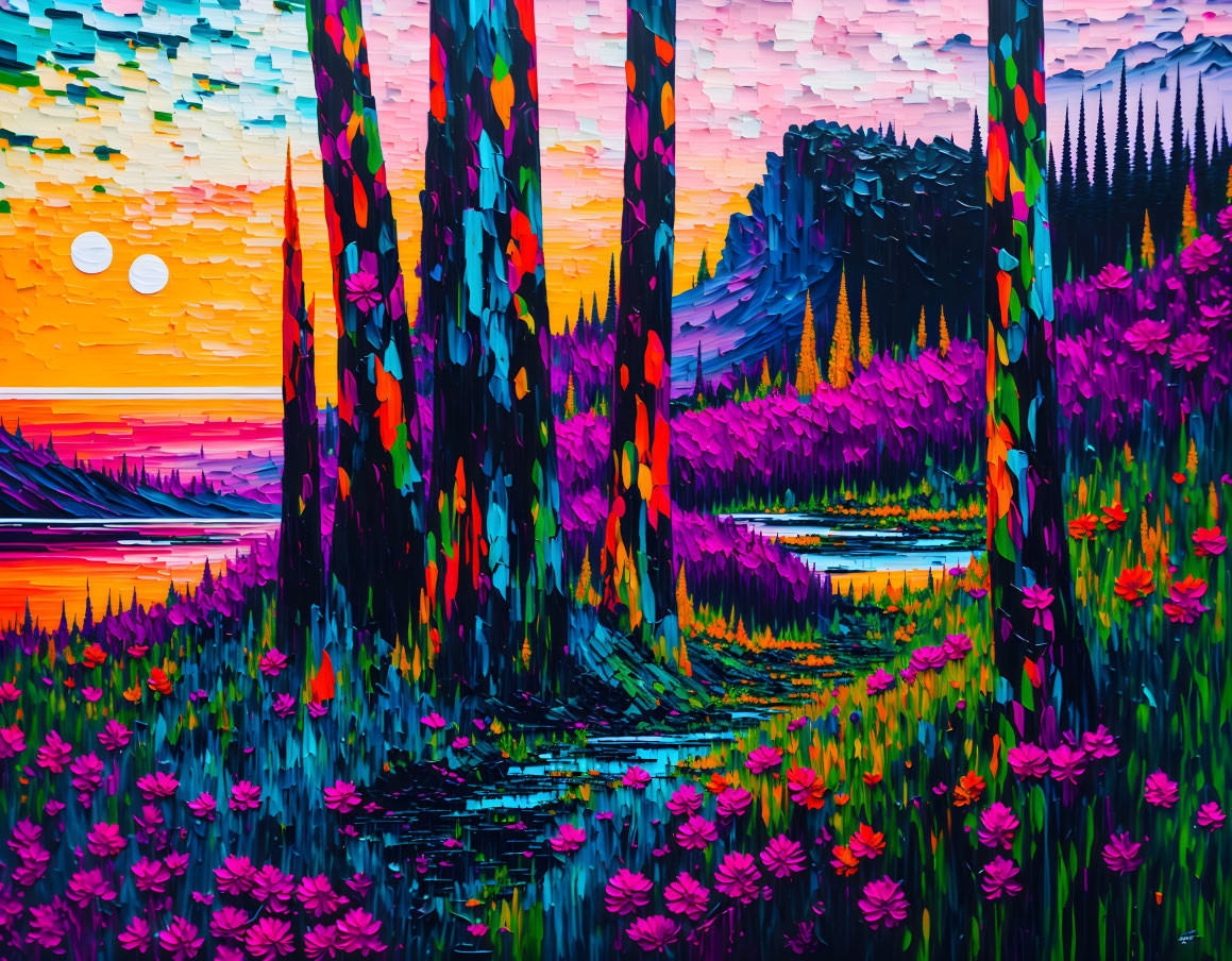 Colorful Forest Painting with Purple Foliage and Sunset Reflection