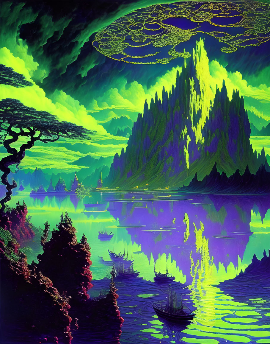 Fantastical landscape with purple waters and emerald mountains