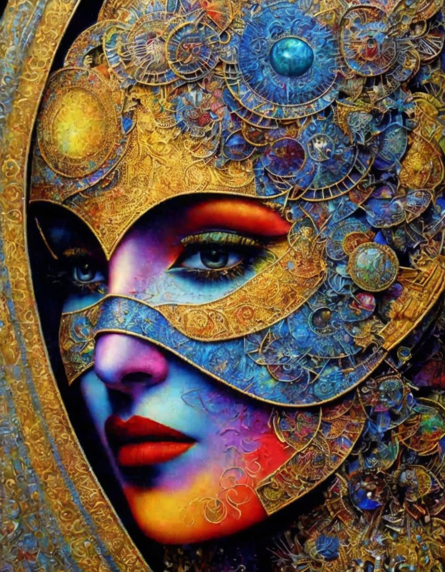 Colorful portrait of a woman with a golden mask and intricate details