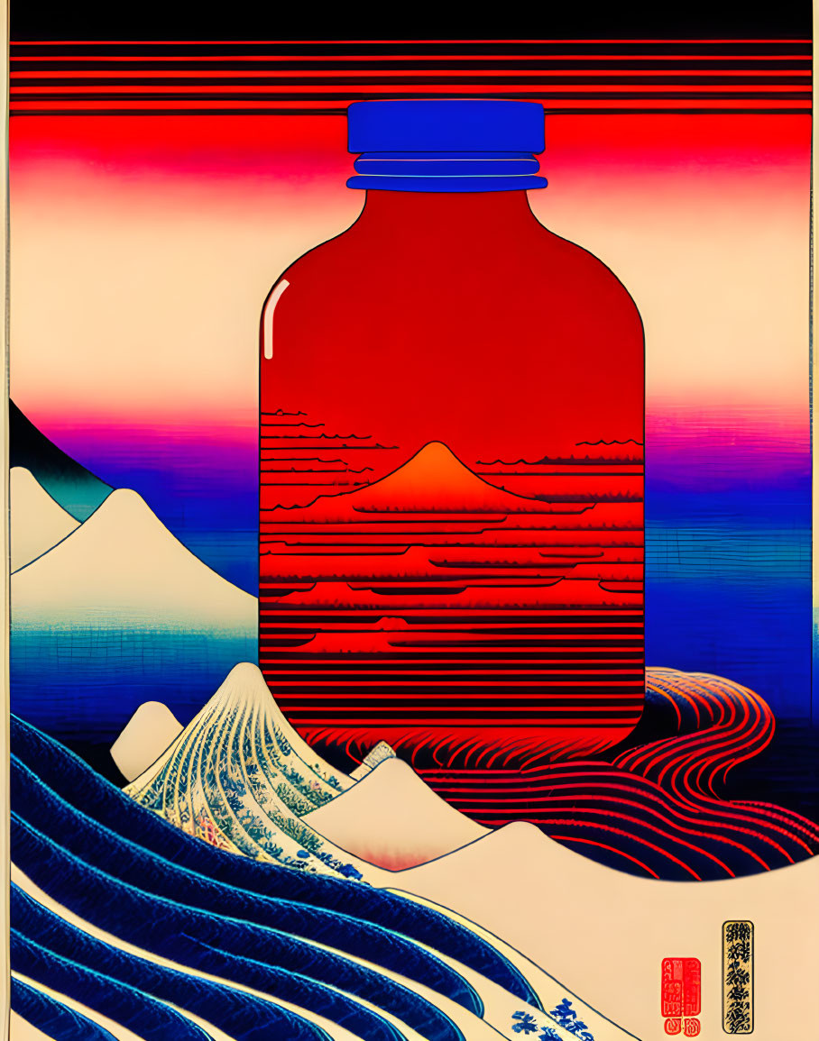 Contemporary Japanese Wave and Mt. Fuji Artwork with Sunset Bottle Silhouette