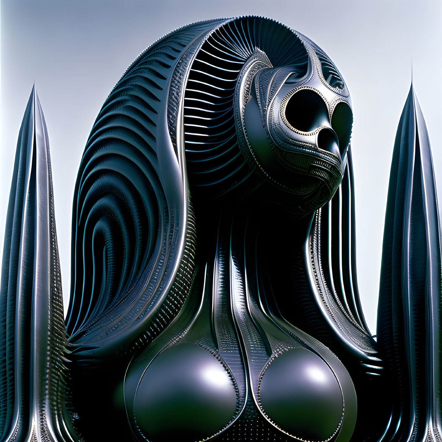 Abstract Metallic Sculpture: Futuristic Humanoid Face & Towering Spires