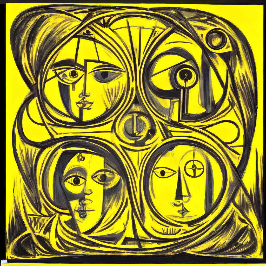 Interwoven Faces in Black Outlines on Yellow Background