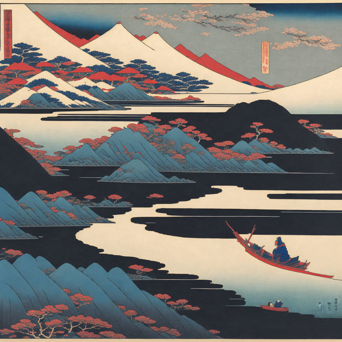 Vintage Japanese Woodblock Print: Mount Fuji, Boat, Cherry Blossoms