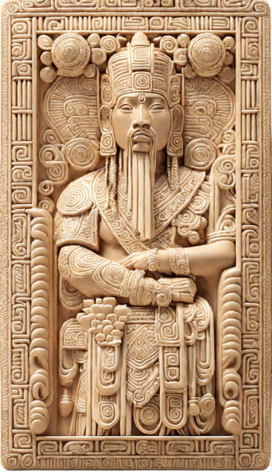 Mayan ruler relief with elaborate headdress and scepter