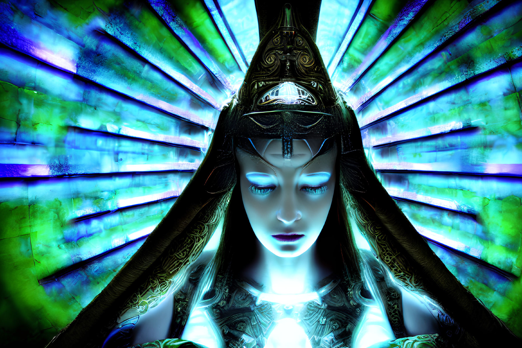 Ethereal female figure with elaborate headdress on radiant blue background