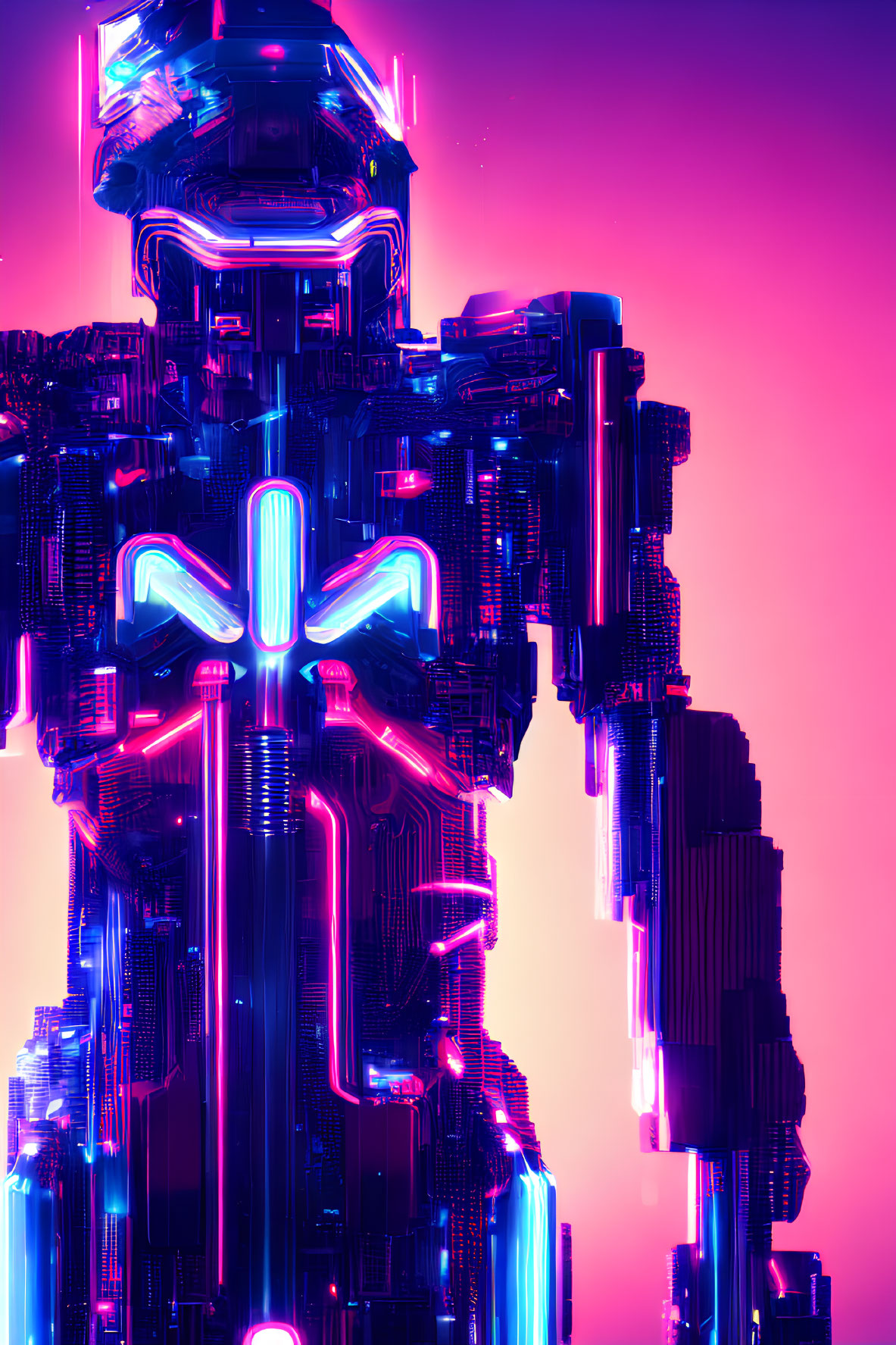 Neon-lit robotic figure with cybernetic design on pink and purple backdrop