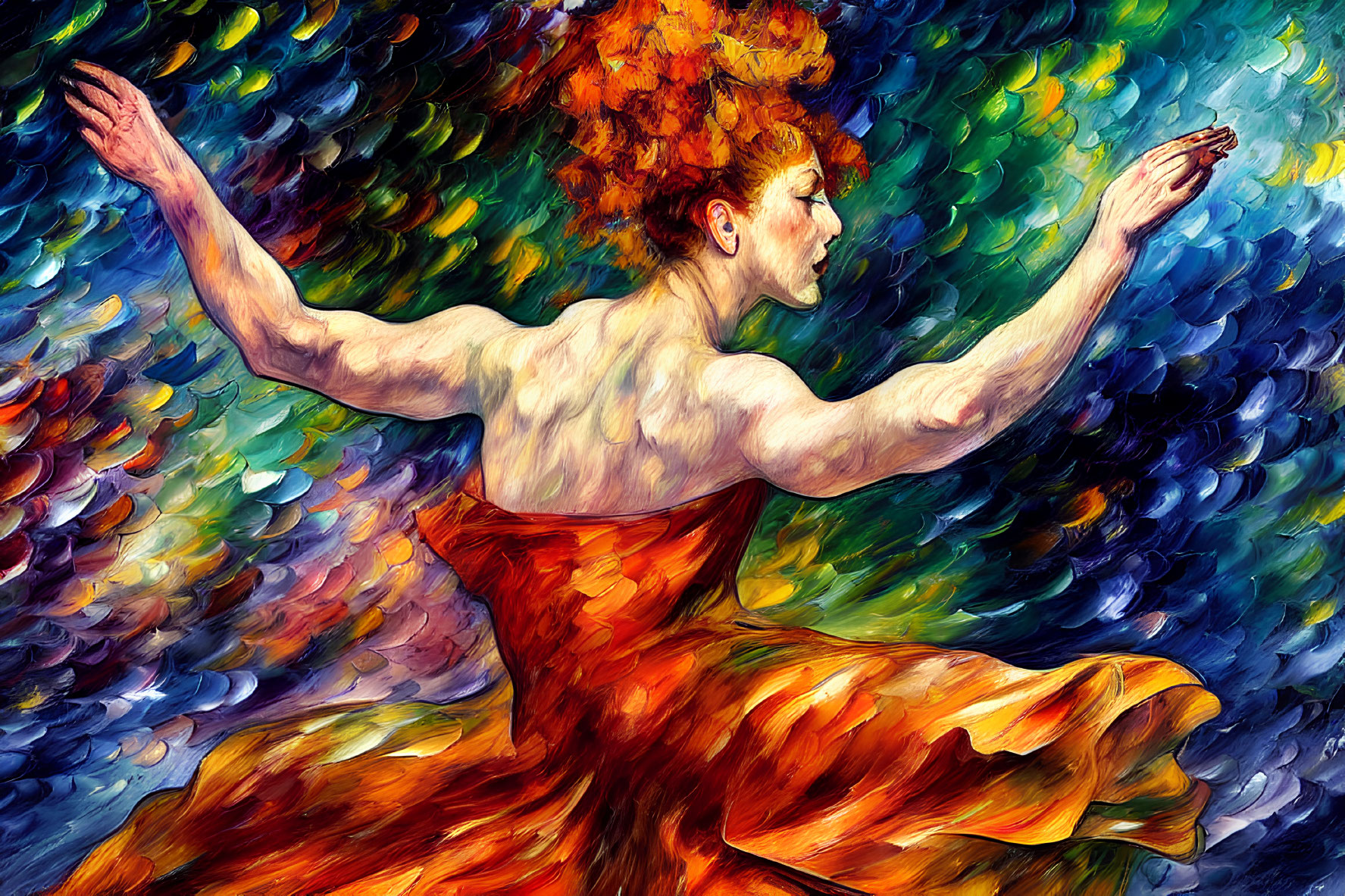 Colorful Impressionist Painting of Woman with Red Hair in Orange Dress