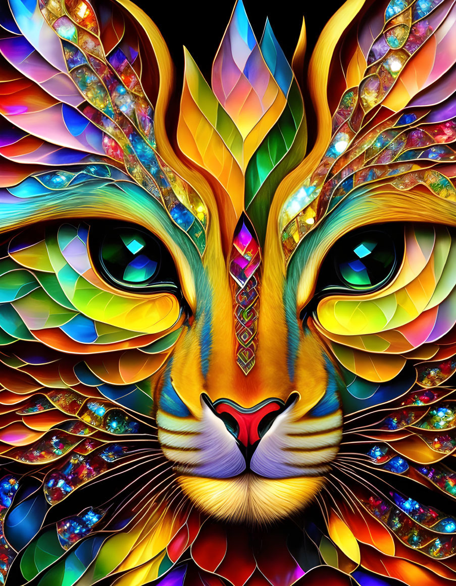 Colorful Digital Art: Exaggerated Cat with Mosaic-Like Pattern