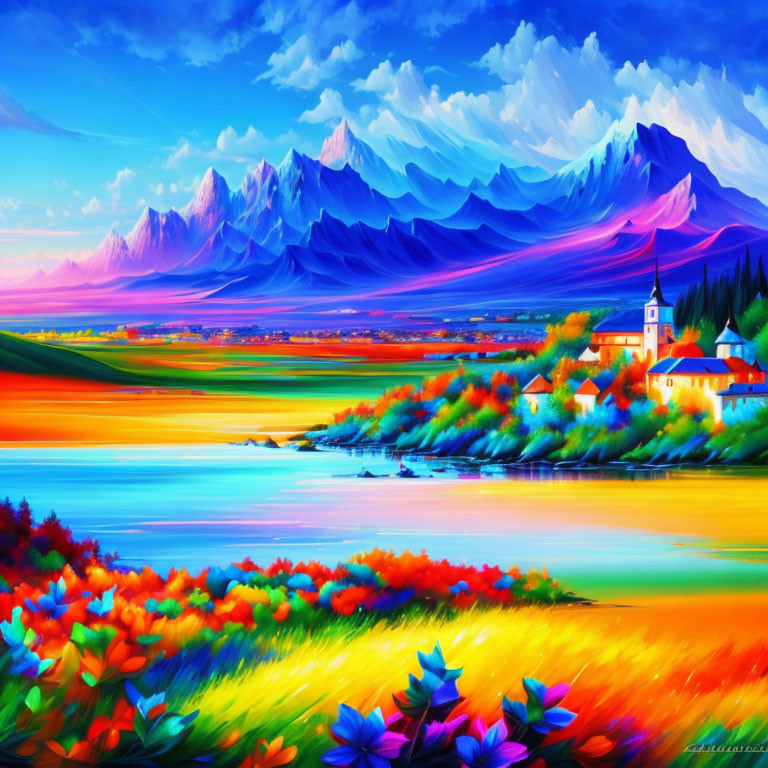 Colorful landscape painting: church by river, blooming fields, snowy mountains.