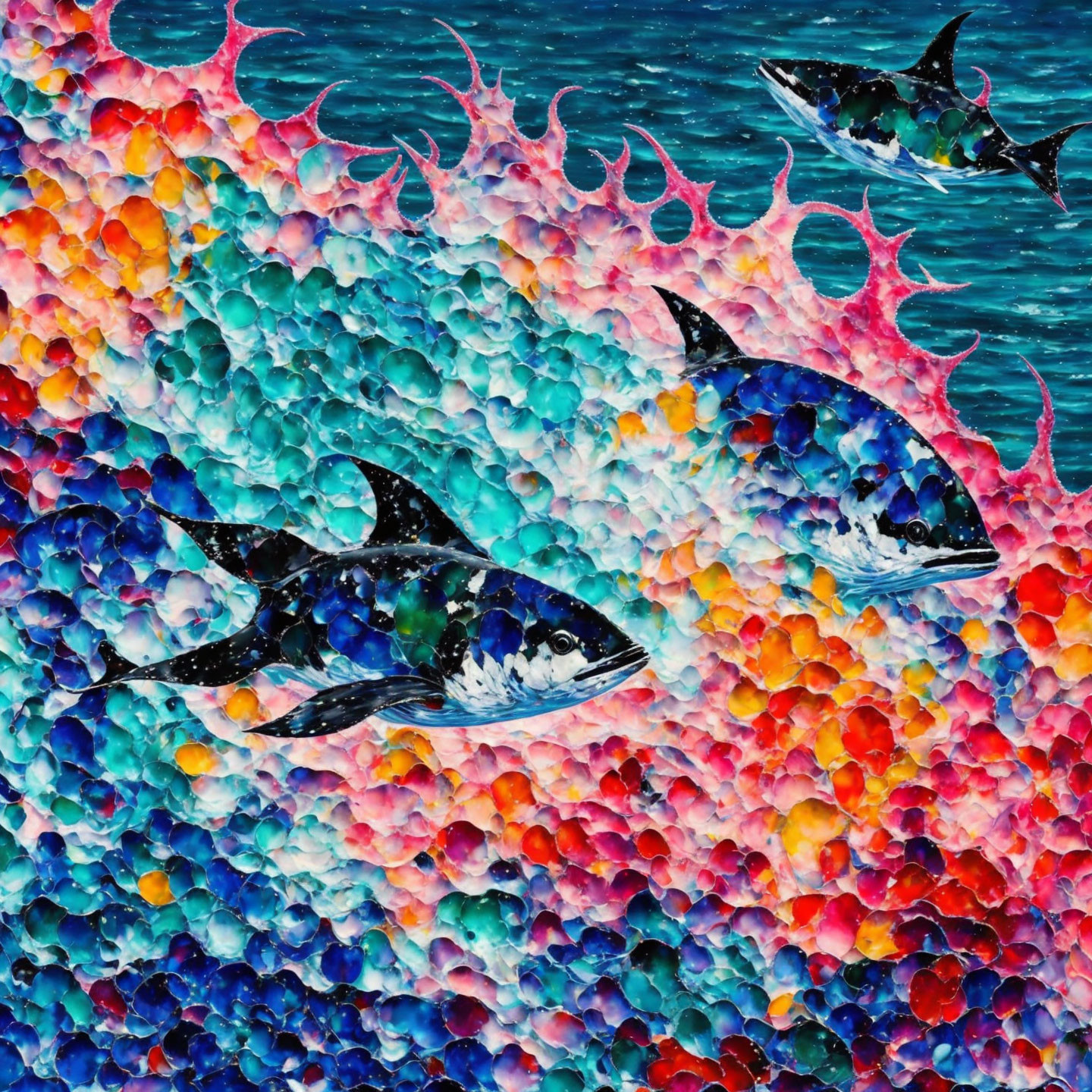 Colorful Mosaic Art: Three Stylized Fish Swimming in Vibrant Sea