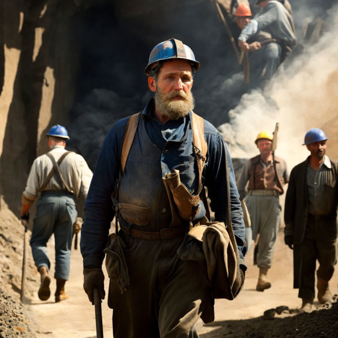 Bearded miner in overalls with helmet, lamp, and tools, colleagues working in background