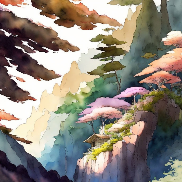 Illustration of traditional house on cliff with pink trees and colorful mountains under cloudy sky