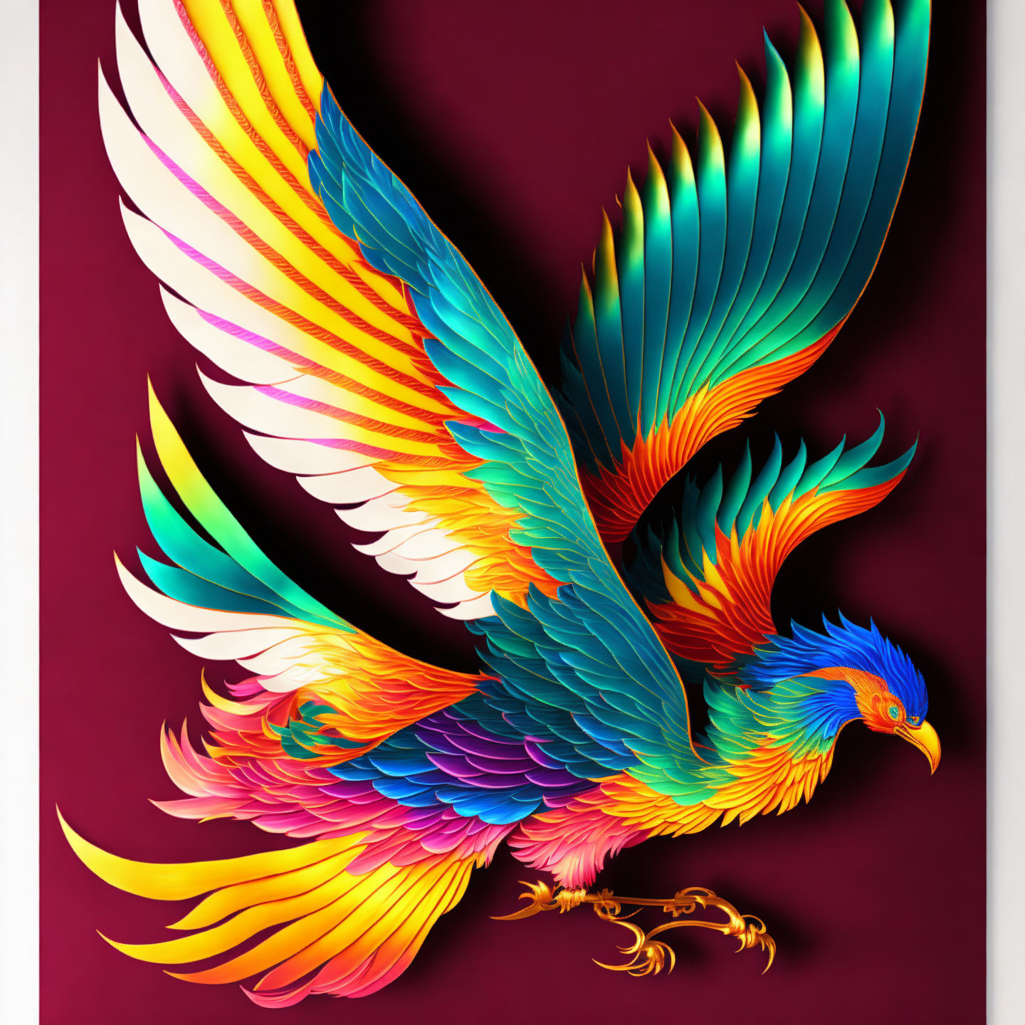 Colorful Phoenix Artwork with Rainbow Feathers on Dark Red Background