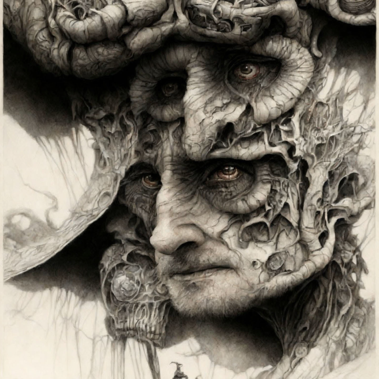 Detailed Drawing of Face with Intricate Root-Like Textures and Wise Eyes