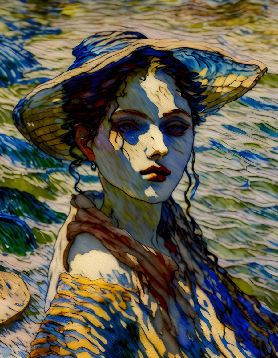 Stylized painting of woman with straw hat and blue accents on textured water background