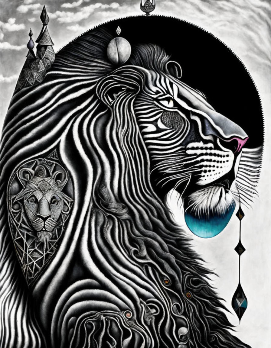 Detailed Monochrome Lion Illustration with Intricate Patterns and Surreal Landscape