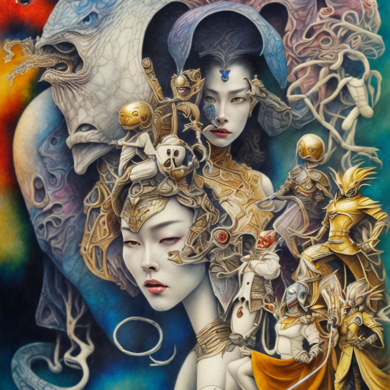 Intricate surreal portrait with armor, multiple faces, and mythical creatures against colorful backdrop