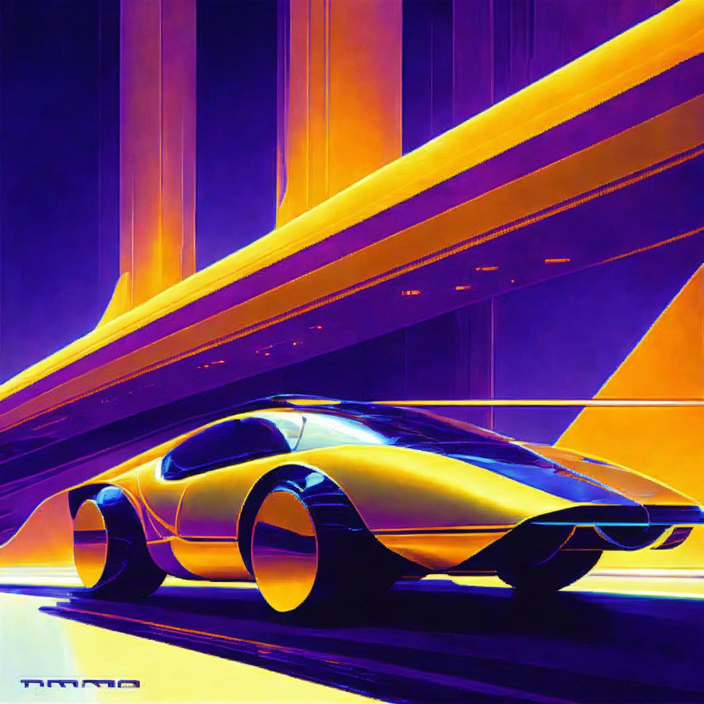 Futuristic yellow car under purple and orange neon-lit structure