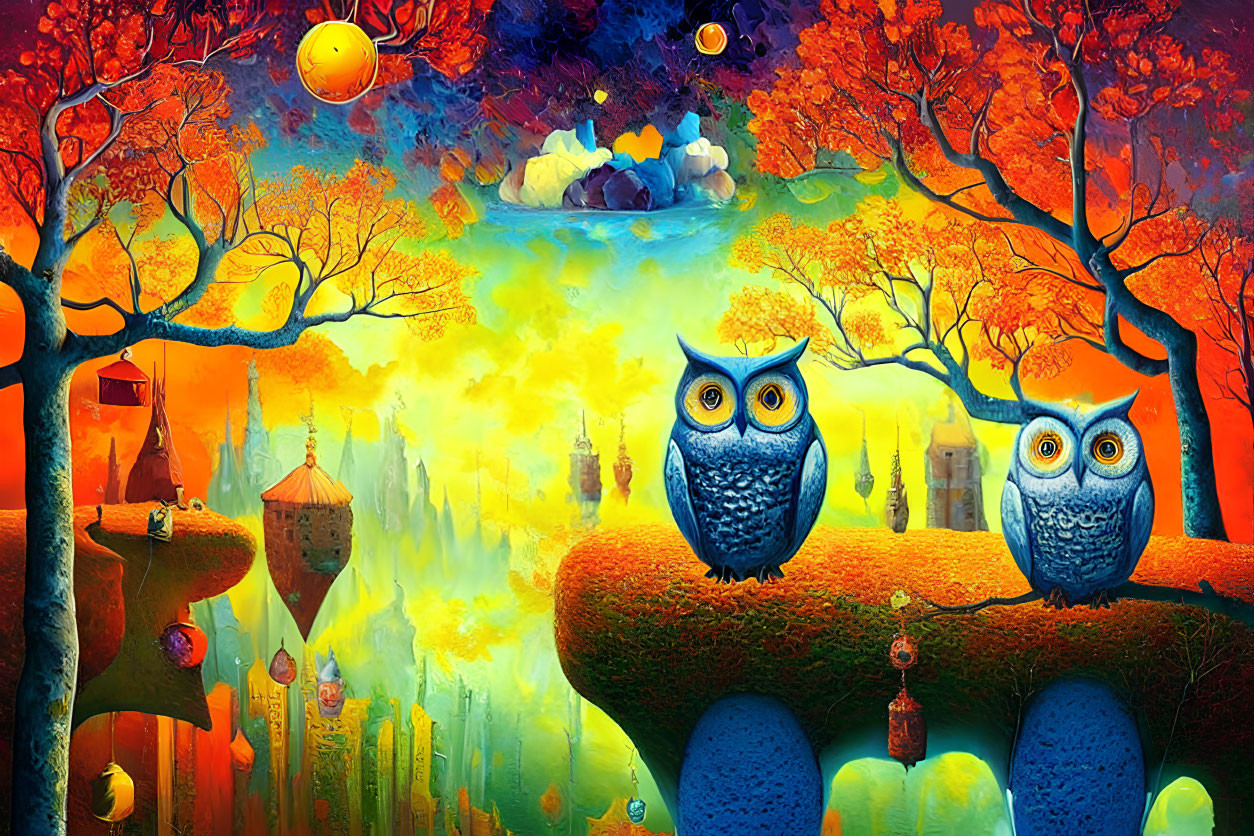 Colorful Fantasy Landscape with Owls, Castles, and Sunset