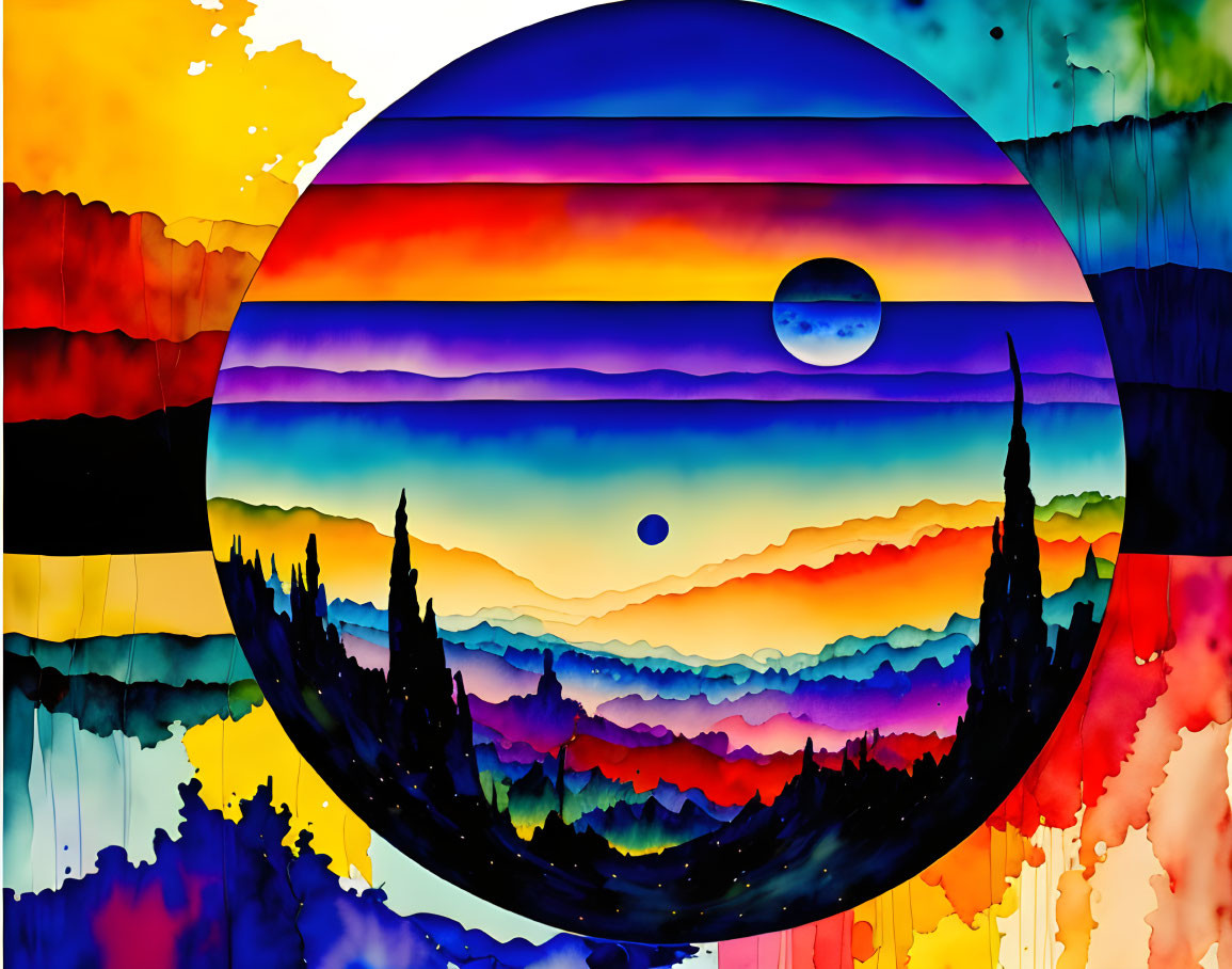 Colorful Watercolor Landscape: Layered Mountains, Sunset, Moon