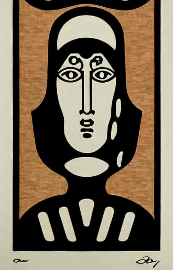 Abstract painting: Stylized face with bold features in black lines on beige background.