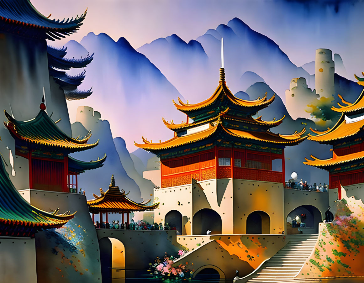 Illustration of Ancient Chinese Palace with Layered Roofs