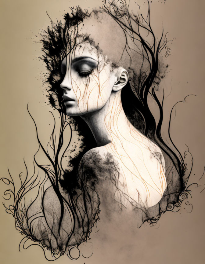 Abstract side profile illustration with black wisps and vines on sepia background