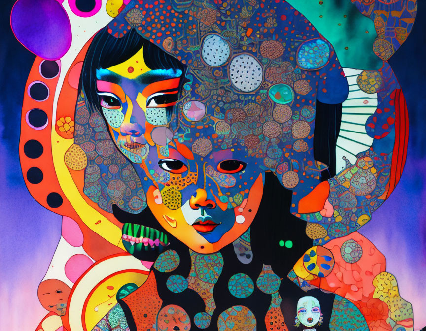 Colorful Stylized Faces Overlapping on Abstract Background