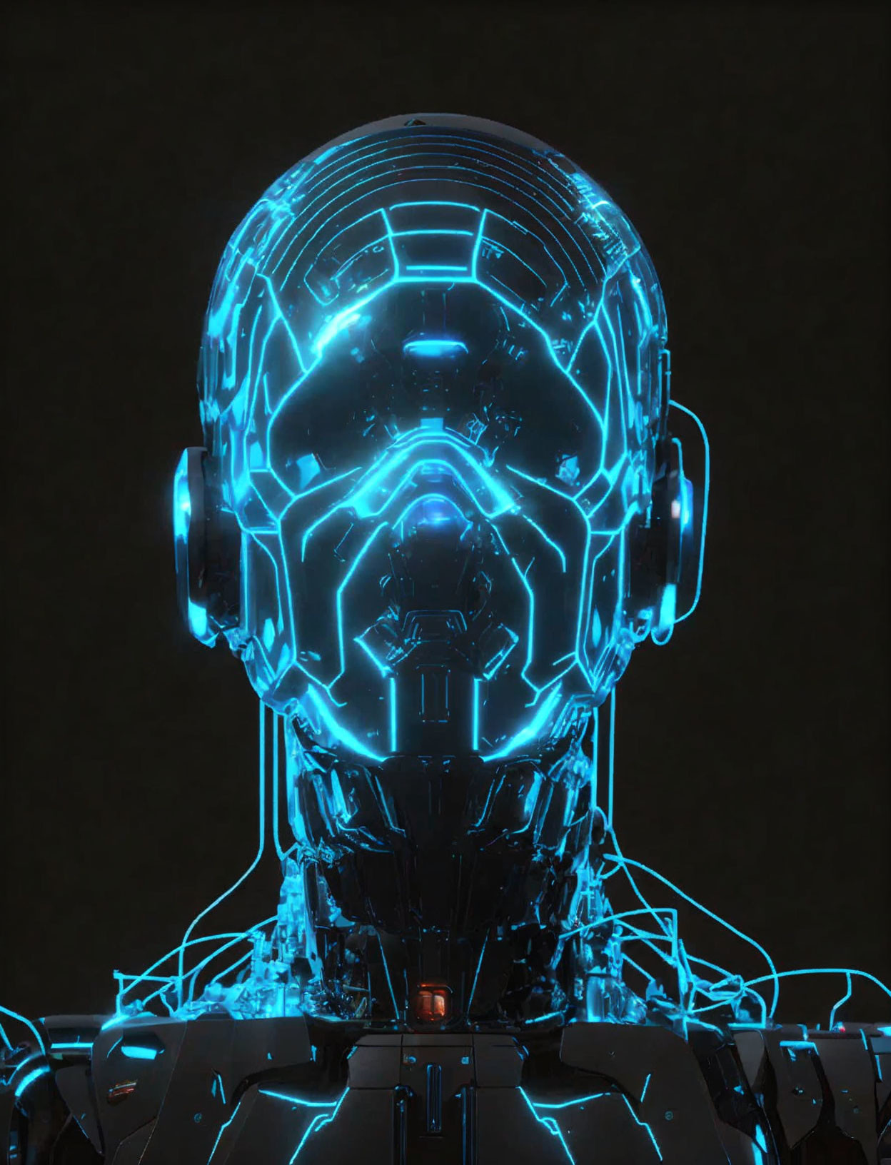 Futuristic robot with glowing blue circuit pattern on head and shoulders