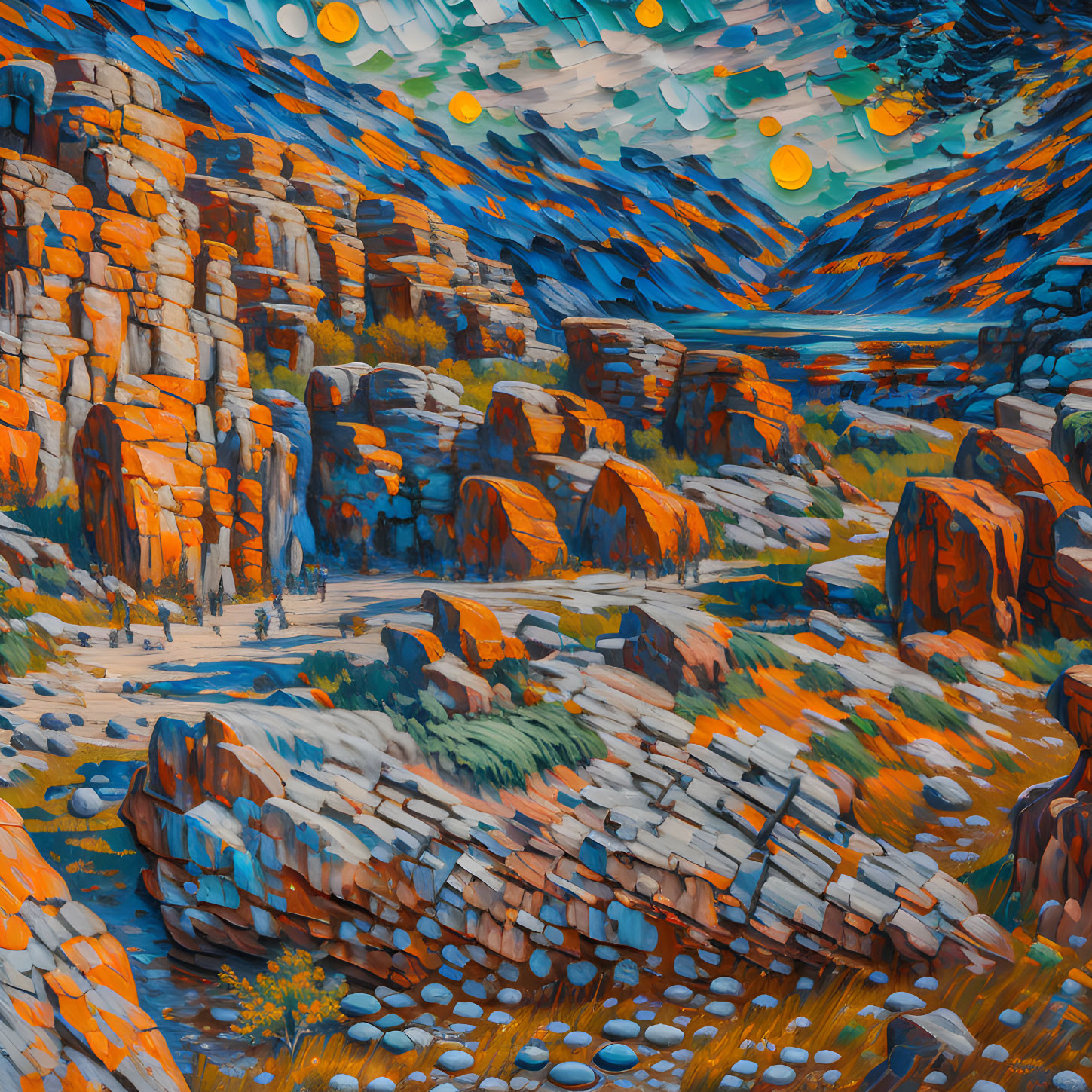 Colorful painting of rocky landscape with cliffs, path, and multiple suns