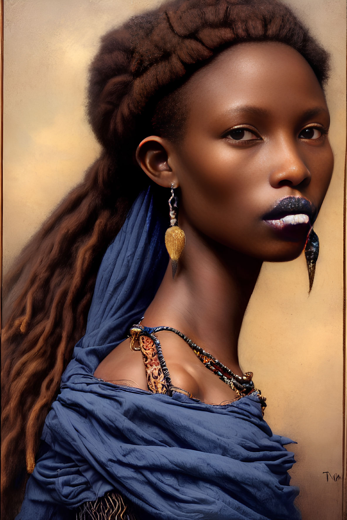 Portrait of woman with dark skin in blue garment, brown head wrap, beaded necklace, unique e