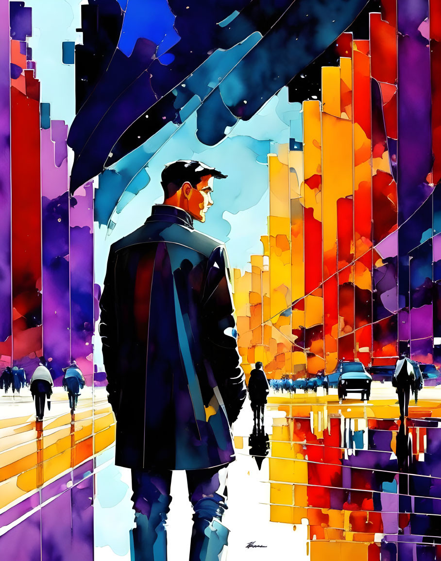 Man in dark coat gazes at vibrant abstract cityscape with bold colors and pedestrian reflections.