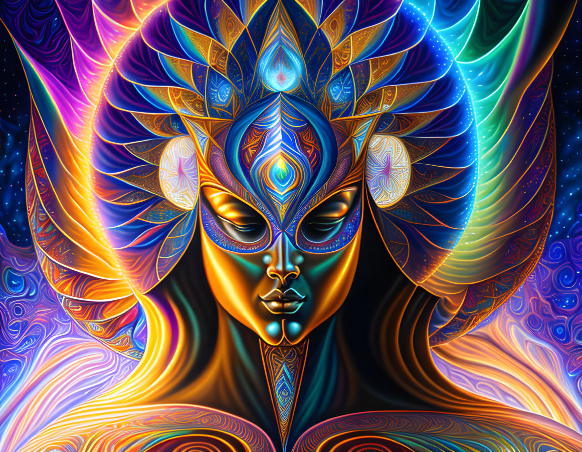 Colorful digital artwork of mystical female entity with ornate headdress in cosmic background