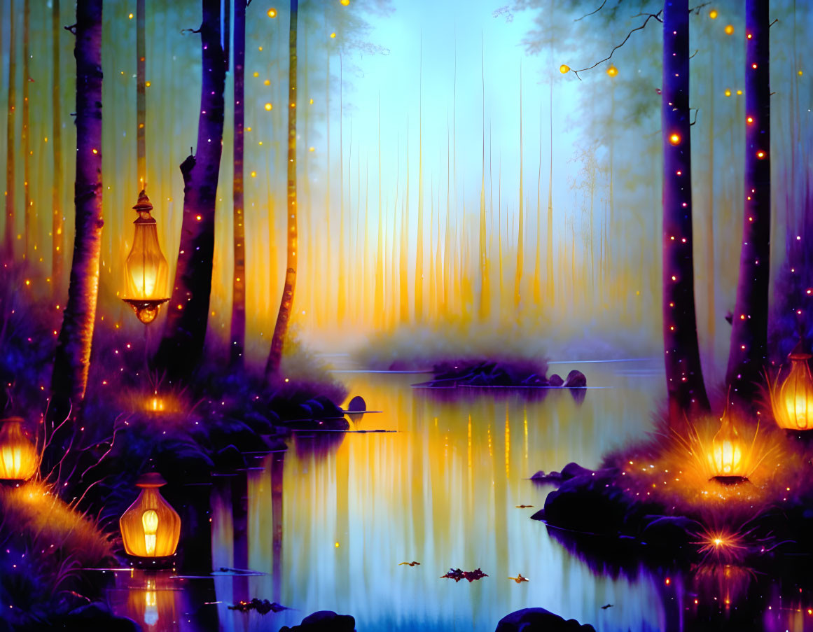 Enchanting forest scene with glowing lanterns and fireflies