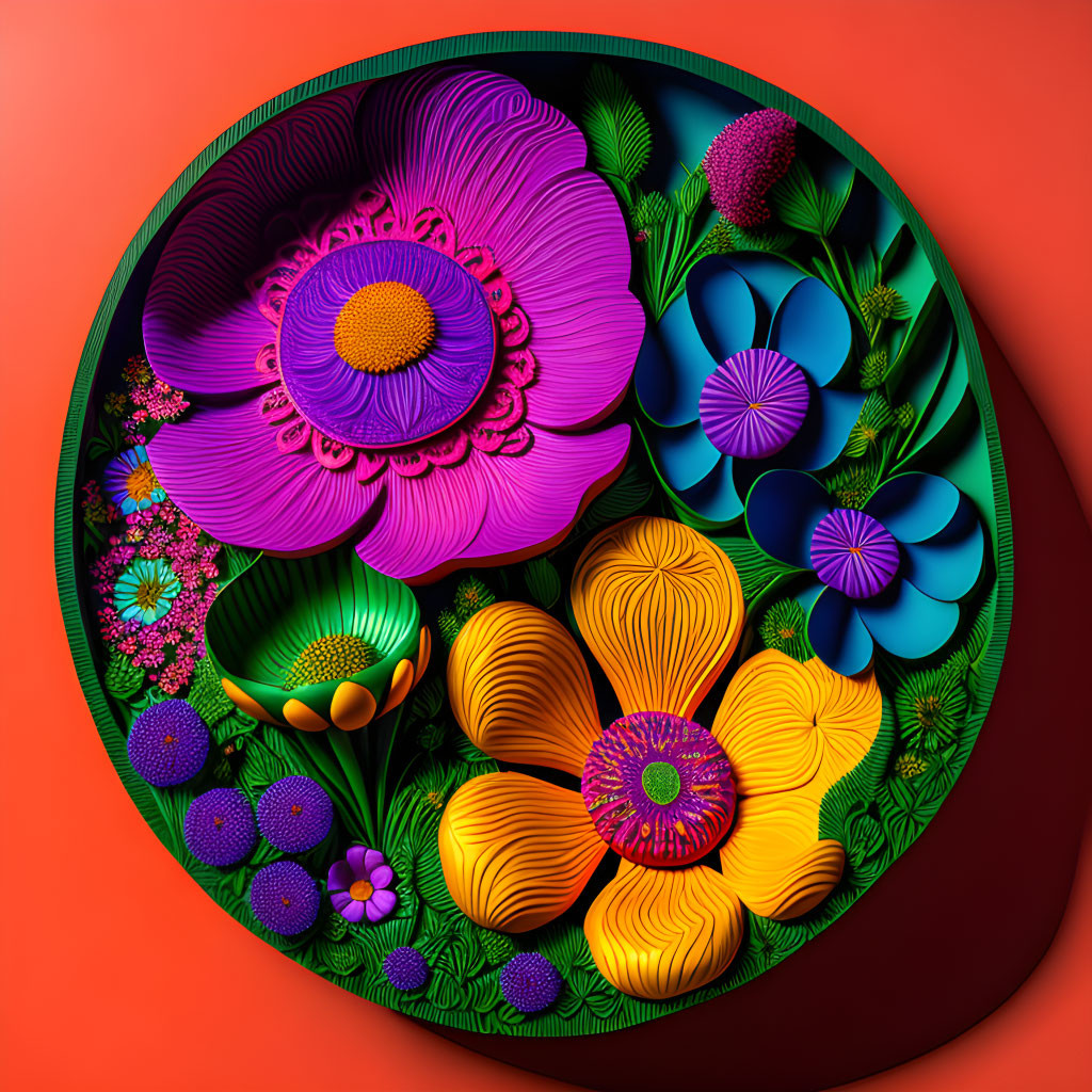 Colorful 3D Paper Art Flowers Arrangement on Orange Background