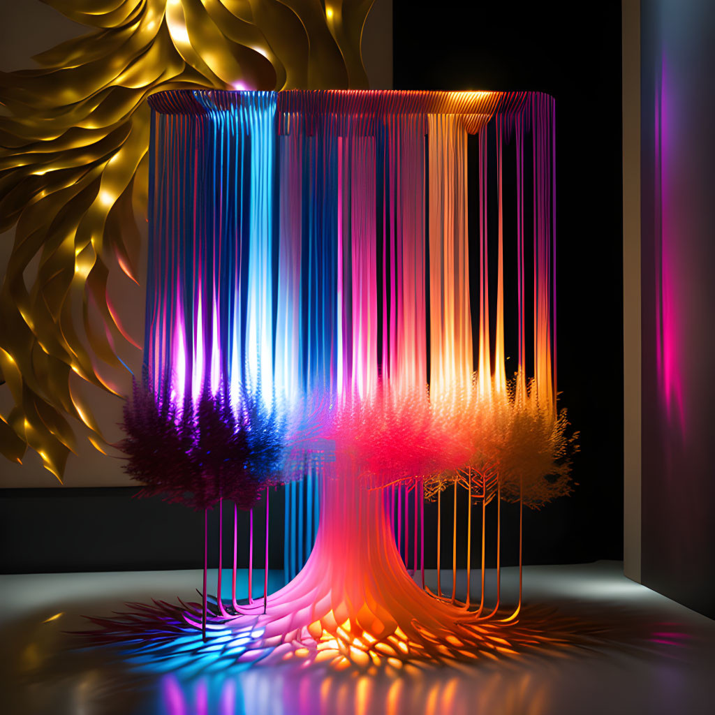 Vibrant multicolored light installation cascading from circular frame